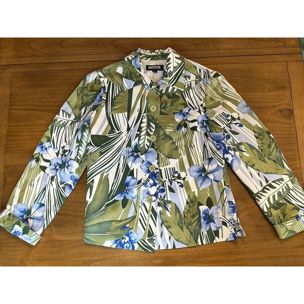 Kasper PetitesWhite Blue GreenFloral Woven Blazer Jacket Lined Polyester SZ 4P